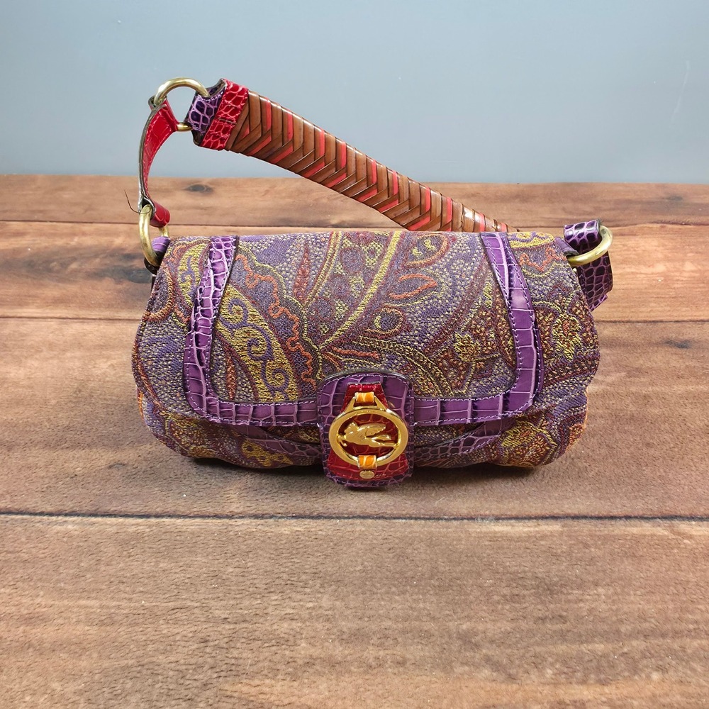 Etro Paisley Tapestry Shoulder Bag Womens Small Purple Good Leather Trim Italy